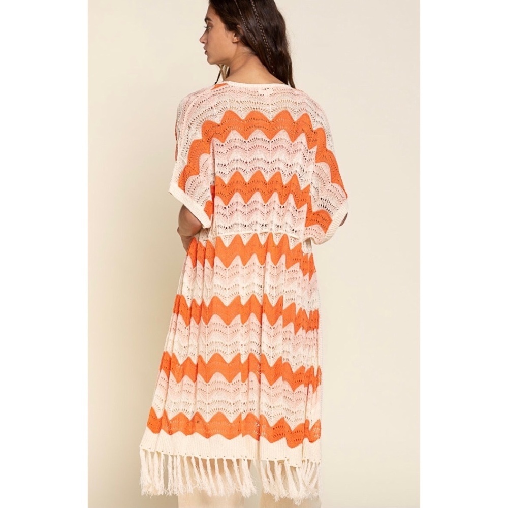 POL Cream & Orange Striped Crochet Cardigan with Fringe - Picture 6 of 8